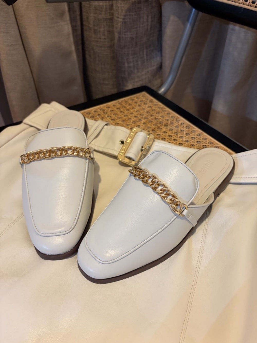 SCHUTZ Arissa Mules Ivory Leather Chain-Trim Slides - Picture 6 of 7